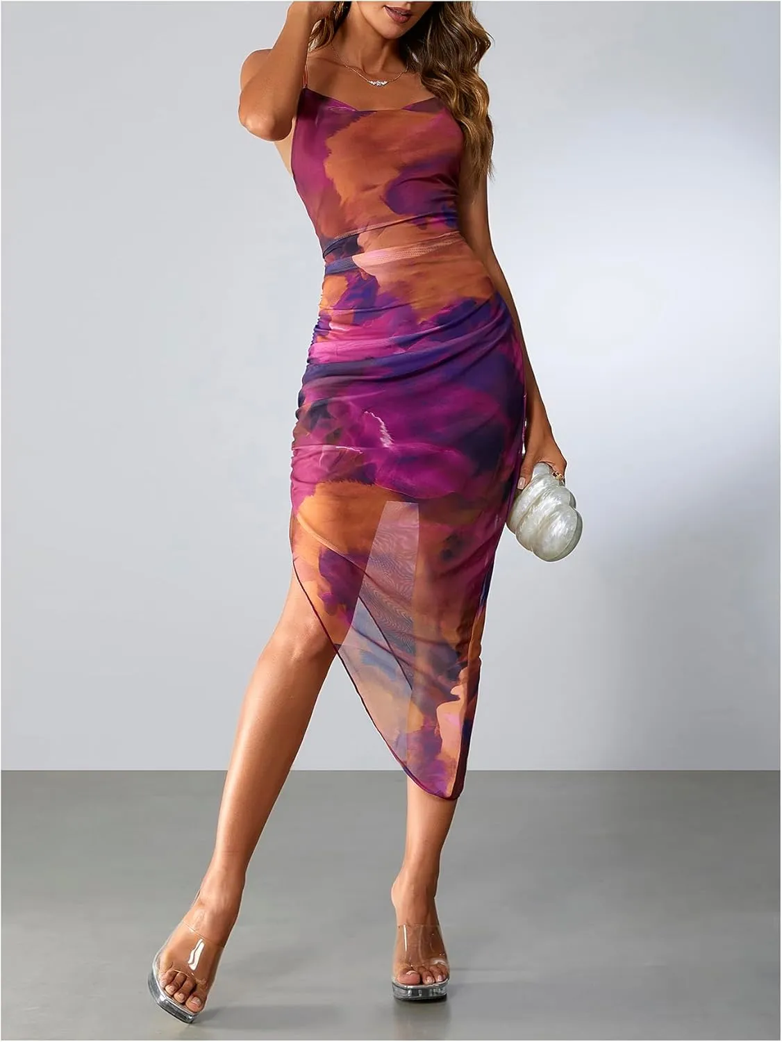 SOLY HUX Women's Tie Dye Cowl Neck Split Hem Bodycon Cami Dress Backless Long Dresses