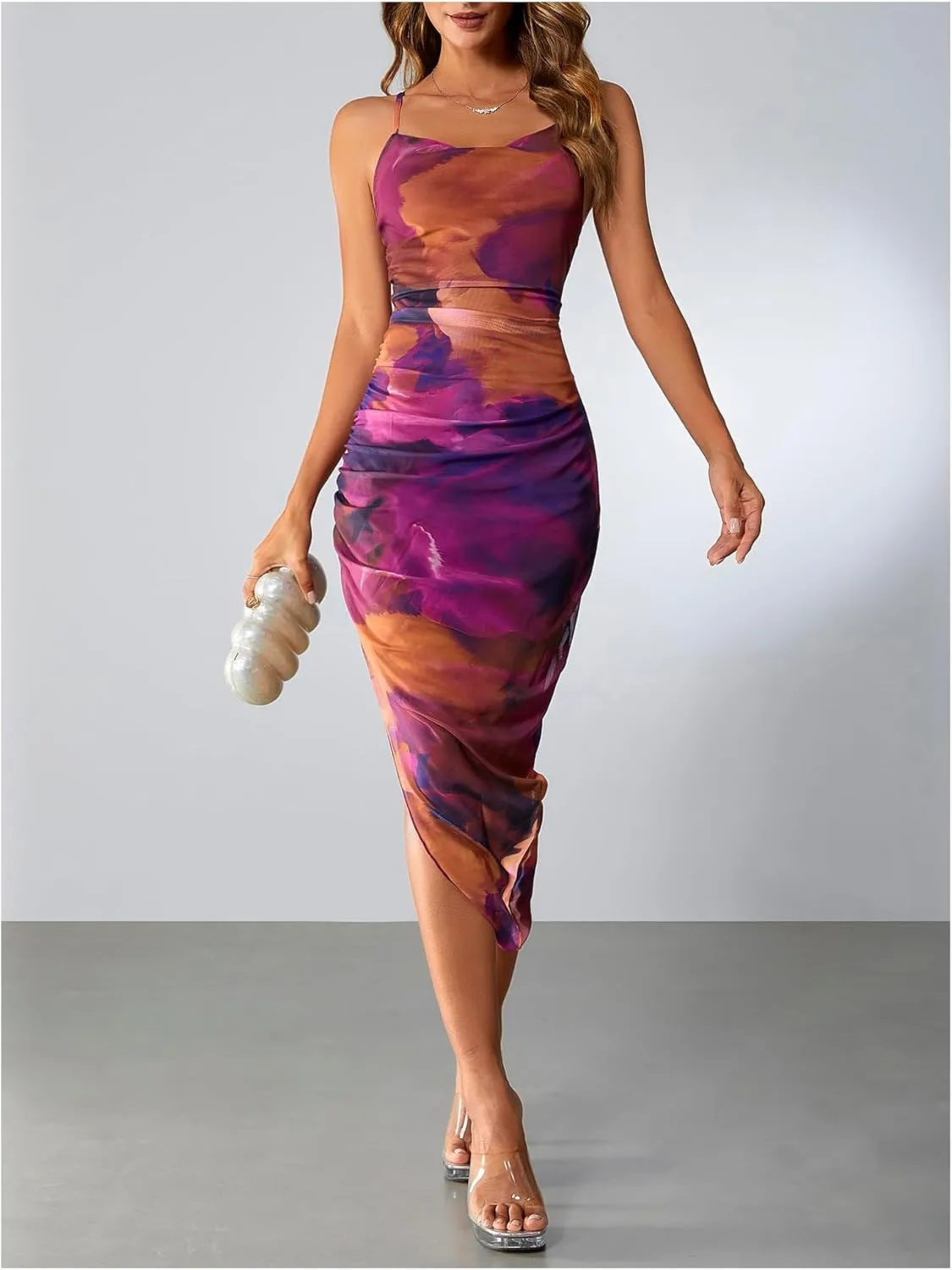 SOLY HUX Women's Tie Dye Cowl Neck Split Hem Bodycon Cami Dress Backless Long Dresses