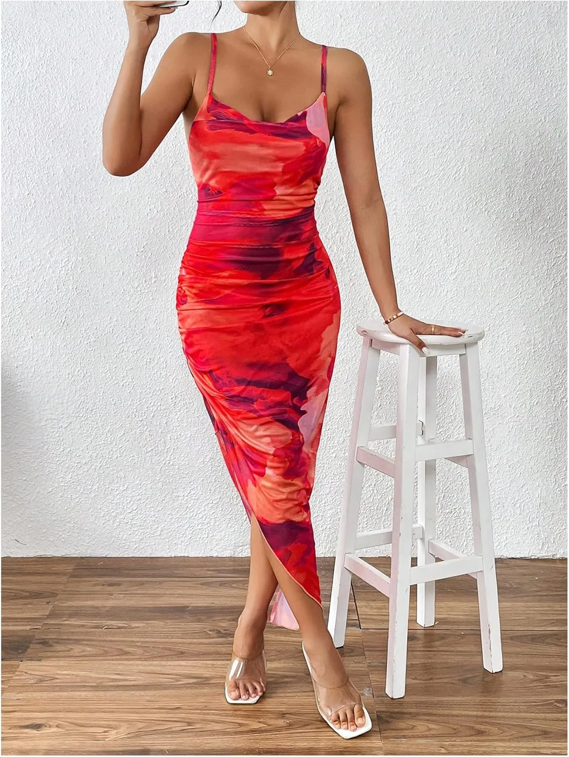 SOLY HUX Women's Tie Dye Cowl Neck Split Hem Bodycon Cami Dress Backless Long Dresses