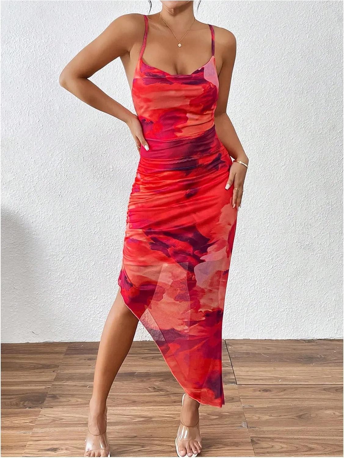 SOLY HUX Women's Tie Dye Cowl Neck Split Hem Bodycon Cami Dress Backless Long Dresses
