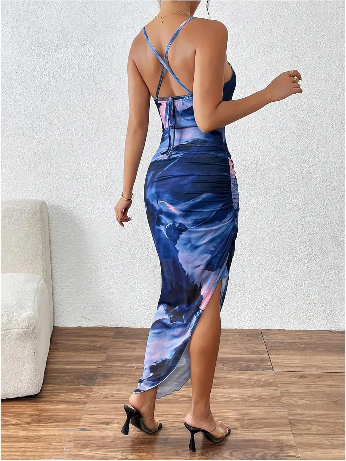 SOLY HUX Women's Tie Dye Cowl Neck Split Hem Bodycon Cami Dress Backless Long Dresses