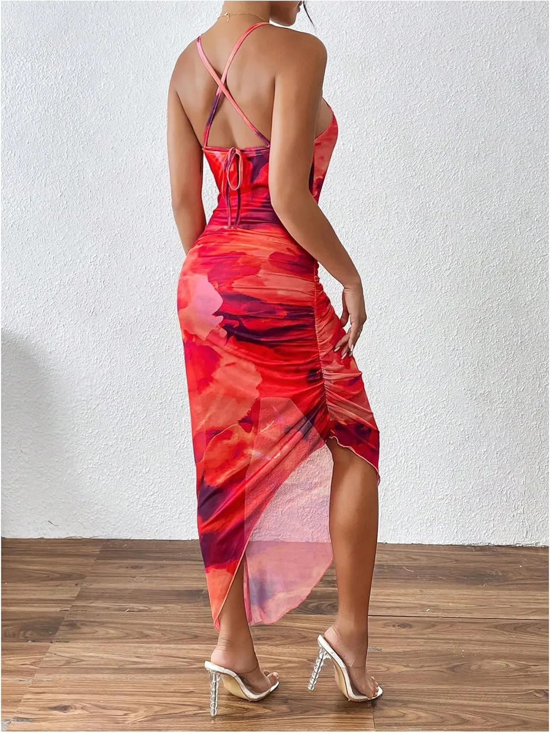 SOLY HUX Women's Tie Dye Cowl Neck Split Hem Bodycon Cami Dress Backless Long Dresses