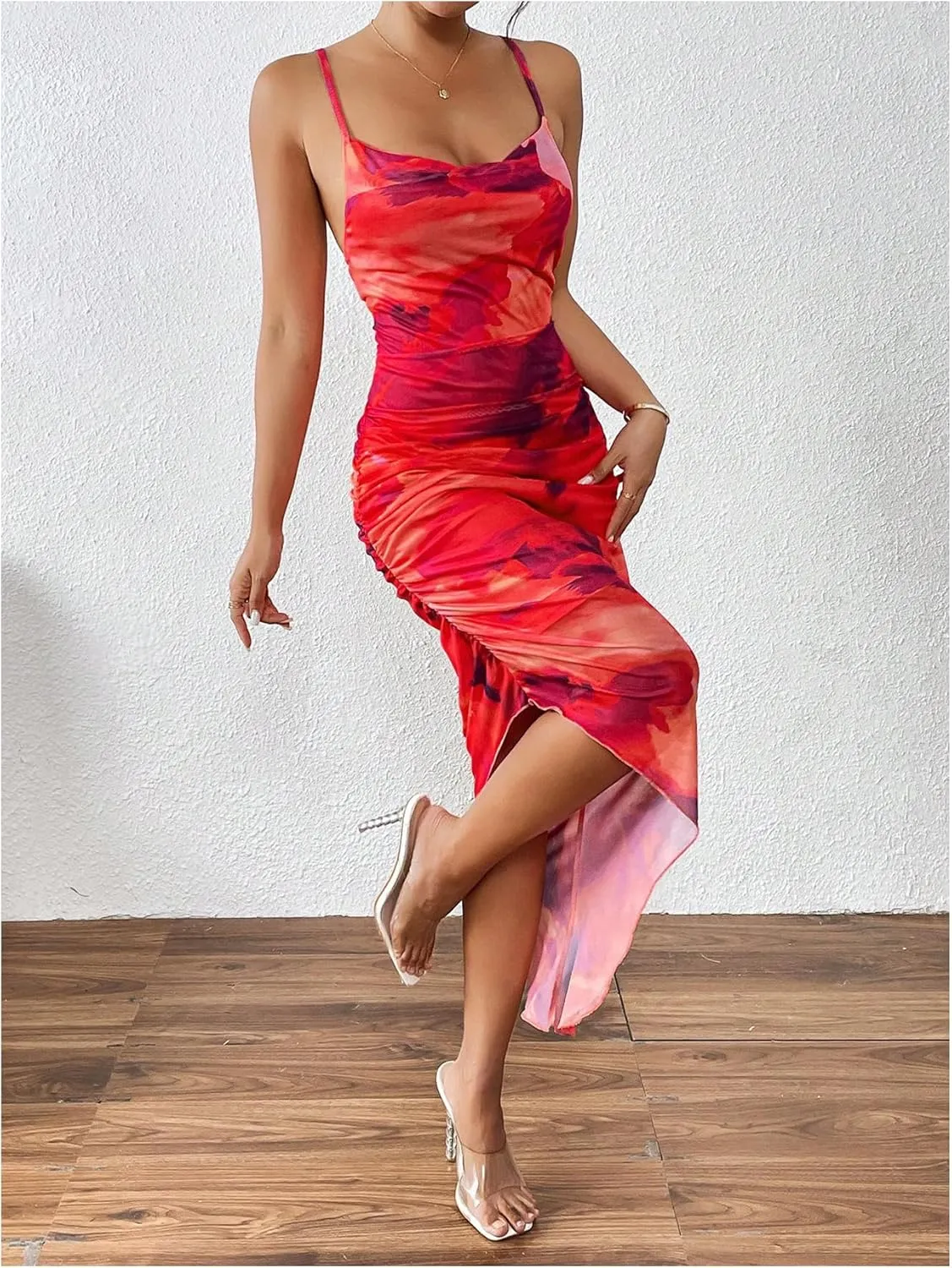 SOLY HUX Women's Tie Dye Cowl Neck Split Hem Bodycon Cami Dress Backless Long Dresses