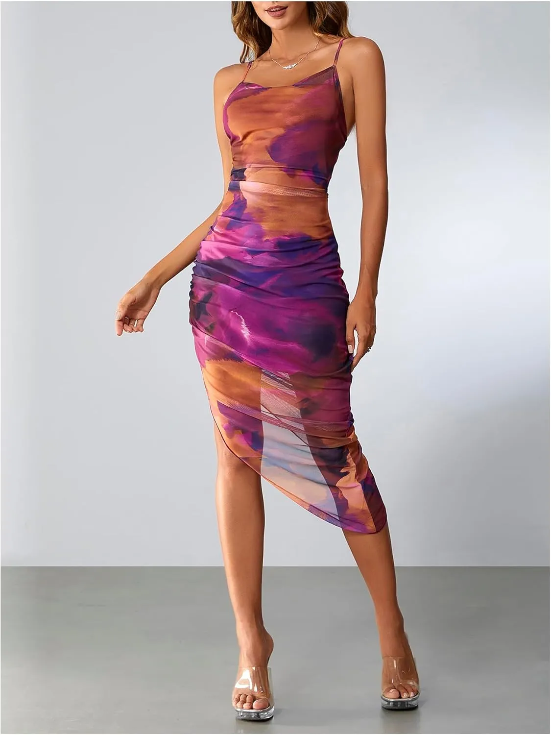 SOLY HUX Women's Tie Dye Cowl Neck Split Hem Bodycon Cami Dress Backless Long Dresses