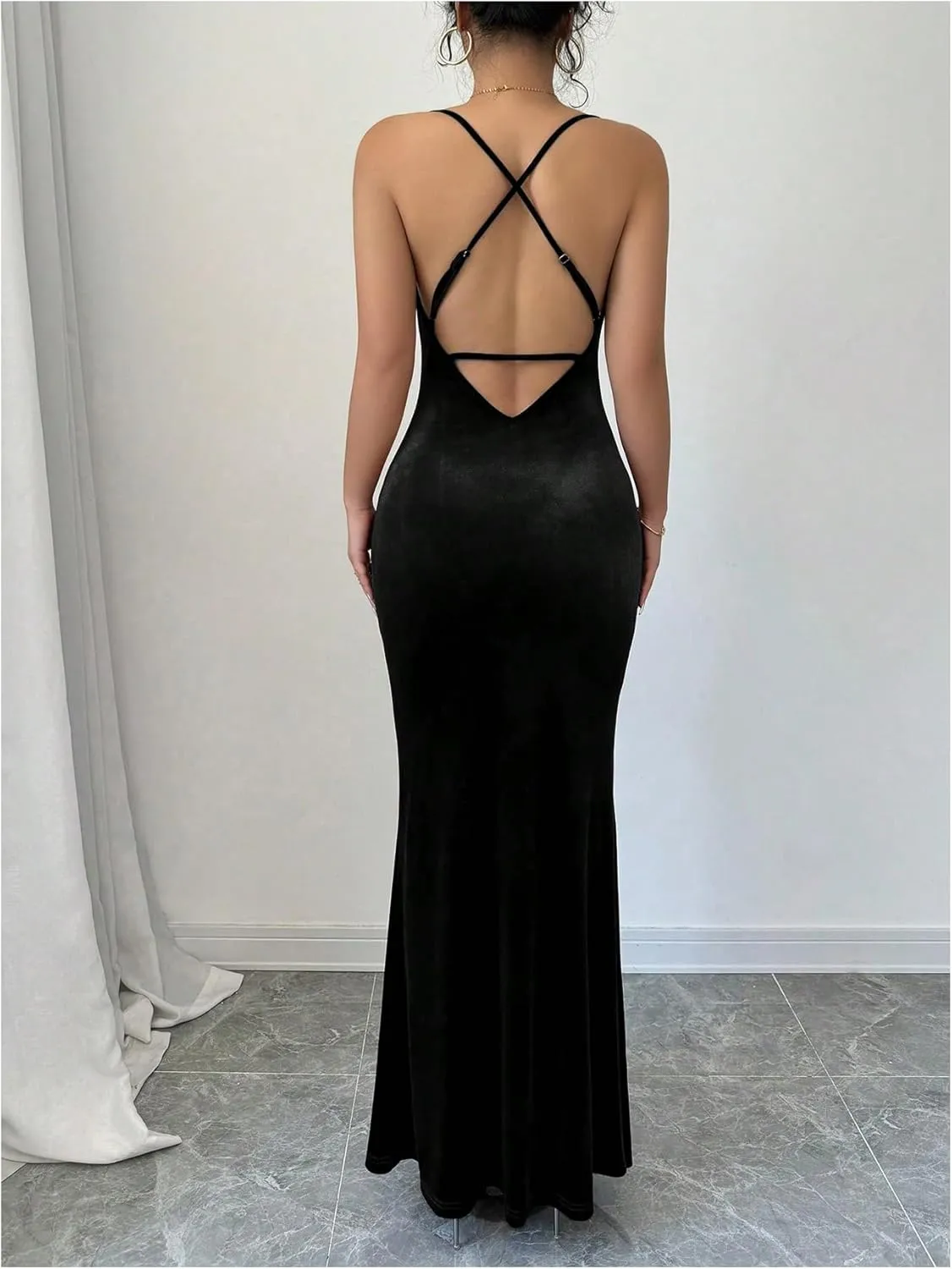 SOLY HUX Women's Velvet Bodycon Maxi Dress Cowl Neck Criss Cross Backless Party Club Long Dresses