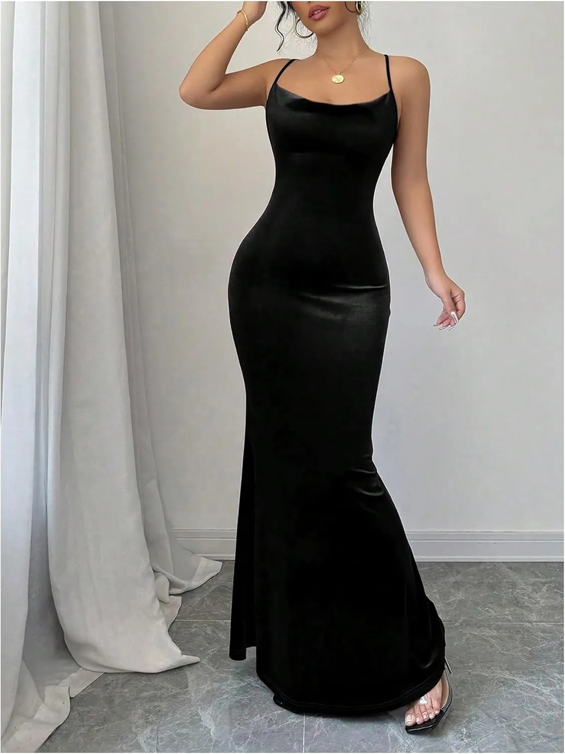 SOLY HUX Women's Velvet Bodycon Maxi Dress Cowl Neck Criss Cross Backless Party Club Long Dresses