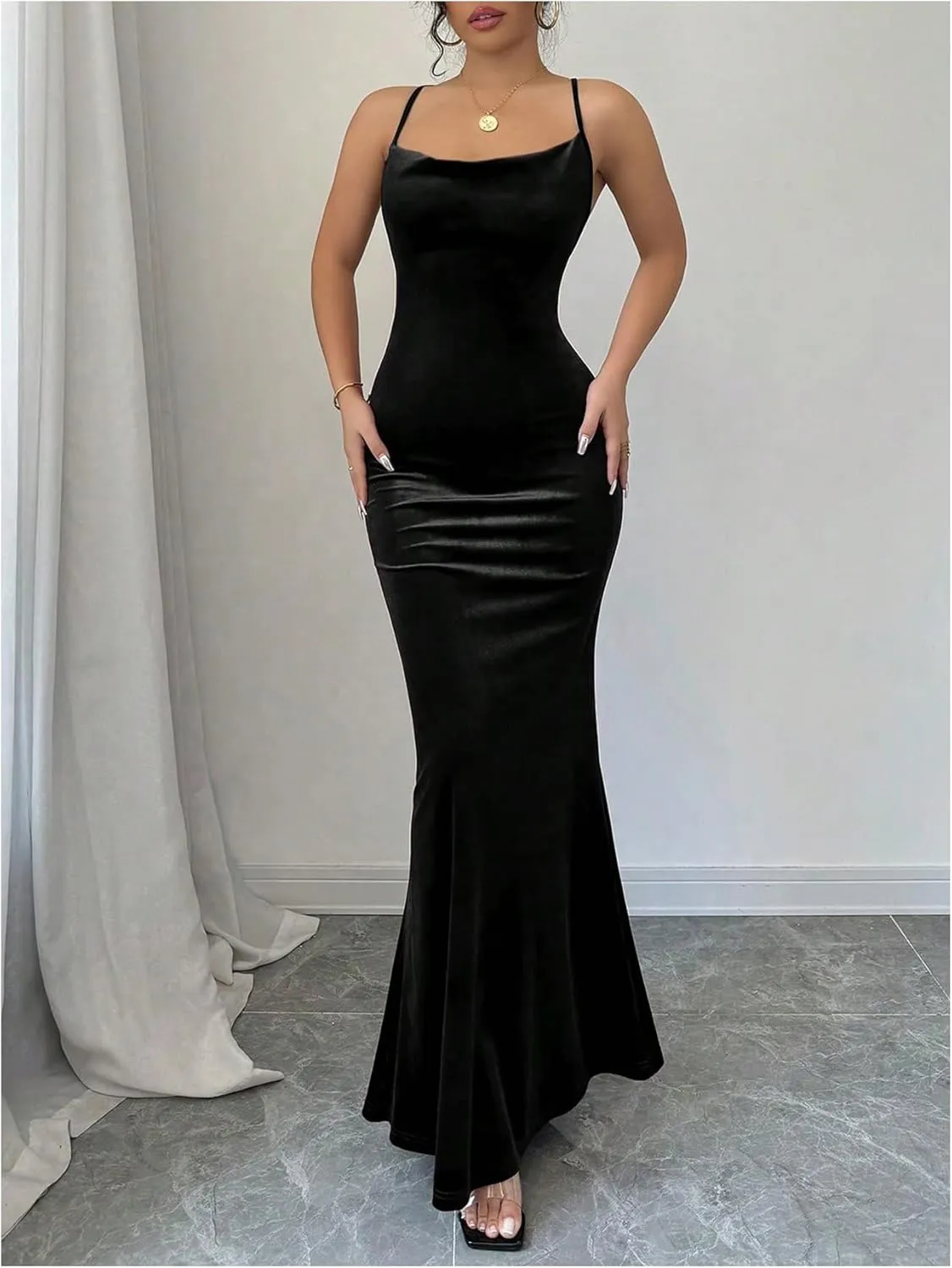 SOLY HUX Women's Velvet Bodycon Maxi Dress Cowl Neck Criss Cross Backless Party Club Long Dresses