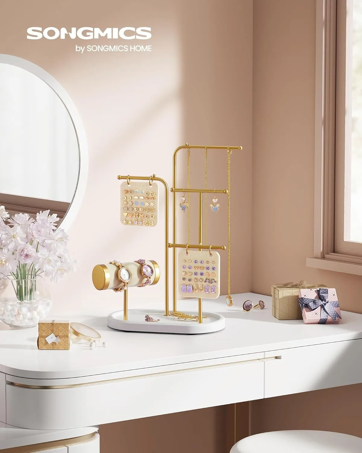 SONGMICS Jewelry Stand, Jewelry Organizer, Jewelry Display Holder with Metal Frame, 2 Earring Boards, 4 Hanging Rods, Necklace Earring Bracelet Holder, for Watches, Metallic Gold UJJS025A01
