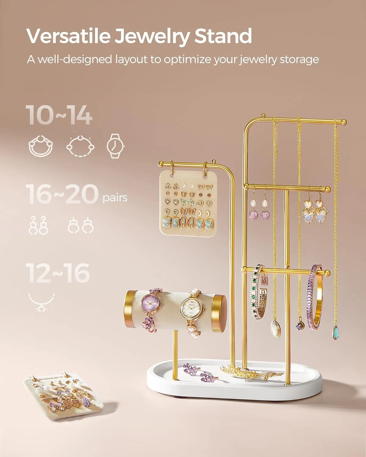SONGMICS Jewelry Stand, Jewelry Organizer, Jewelry Display Holder with Metal Frame, 2 Earring Boards, 4 Hanging Rods, Necklace Earring Bracelet Holder, for Watches, Metallic Gold UJJS025A01