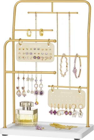 SONGMICS Jewelry Stand, Jewelry Organizer, Jewelry Display Holder with Metal Frame, 2 Earring Boards, 6 Hanging Rods, Necklace Earring Bracelet Holder, for Rings, Metallic Gold UJJS024A01