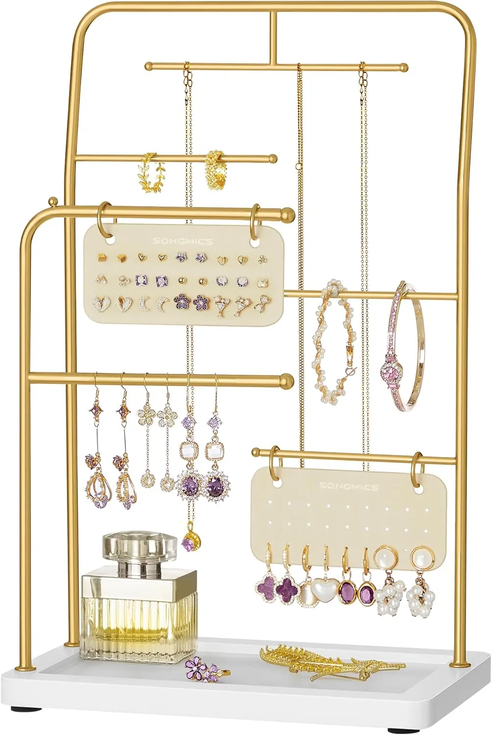 SONGMICS Jewelry Stand, Jewelry Organizer, Jewelry Display Holder with Metal Frame, 2 Earring Boards, 6 Hanging Rods, Necklace Earring Bracelet Holder, for Rings, Metallic Gold UJJS024A01