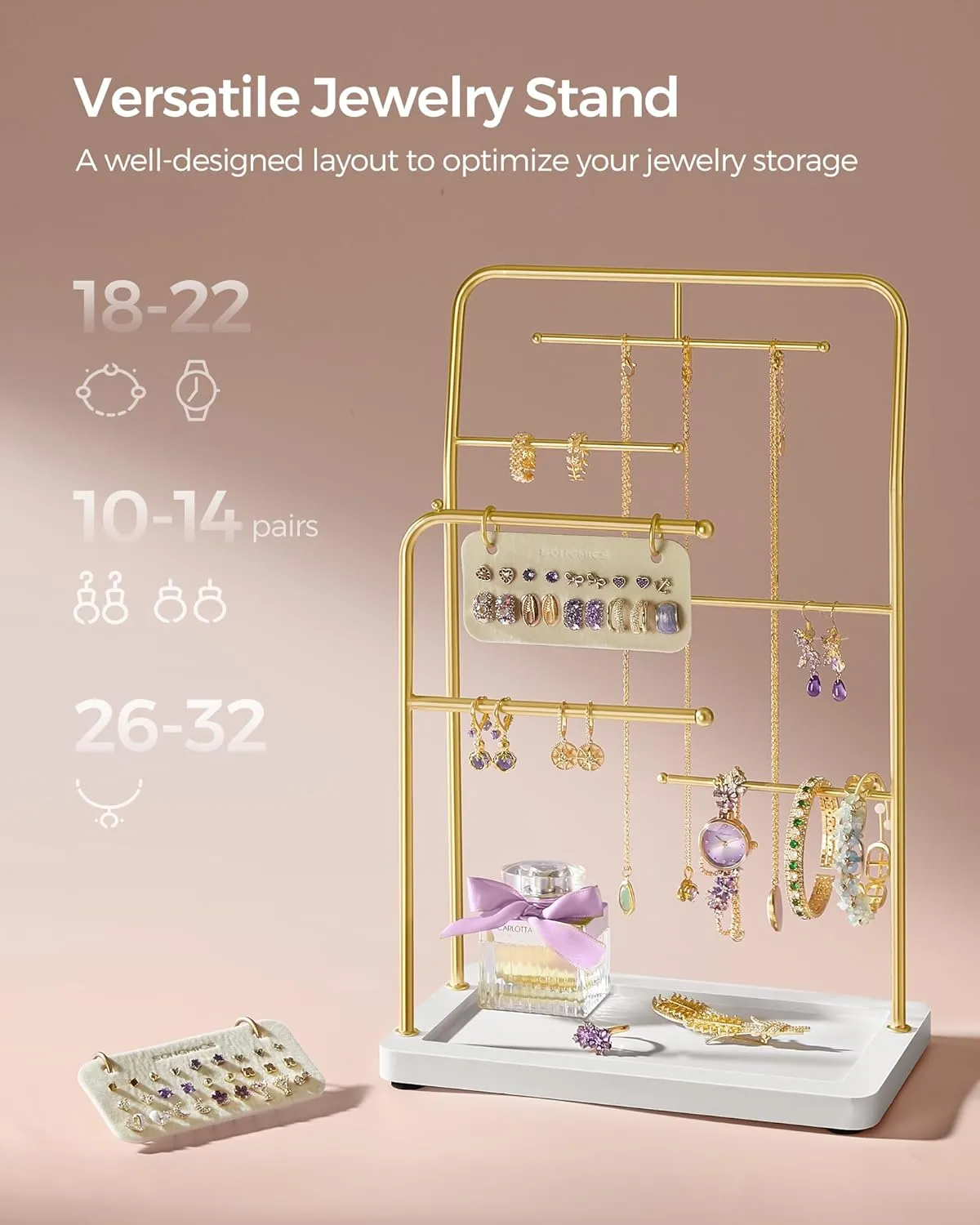 SONGMICS Jewelry Stand, Jewelry Organizer, Jewelry Display Holder with Metal Frame, 2 Earring Boards, 6 Hanging Rods, Necklace Earring Bracelet Holder, for Rings, Metallic Gold UJJS024A01