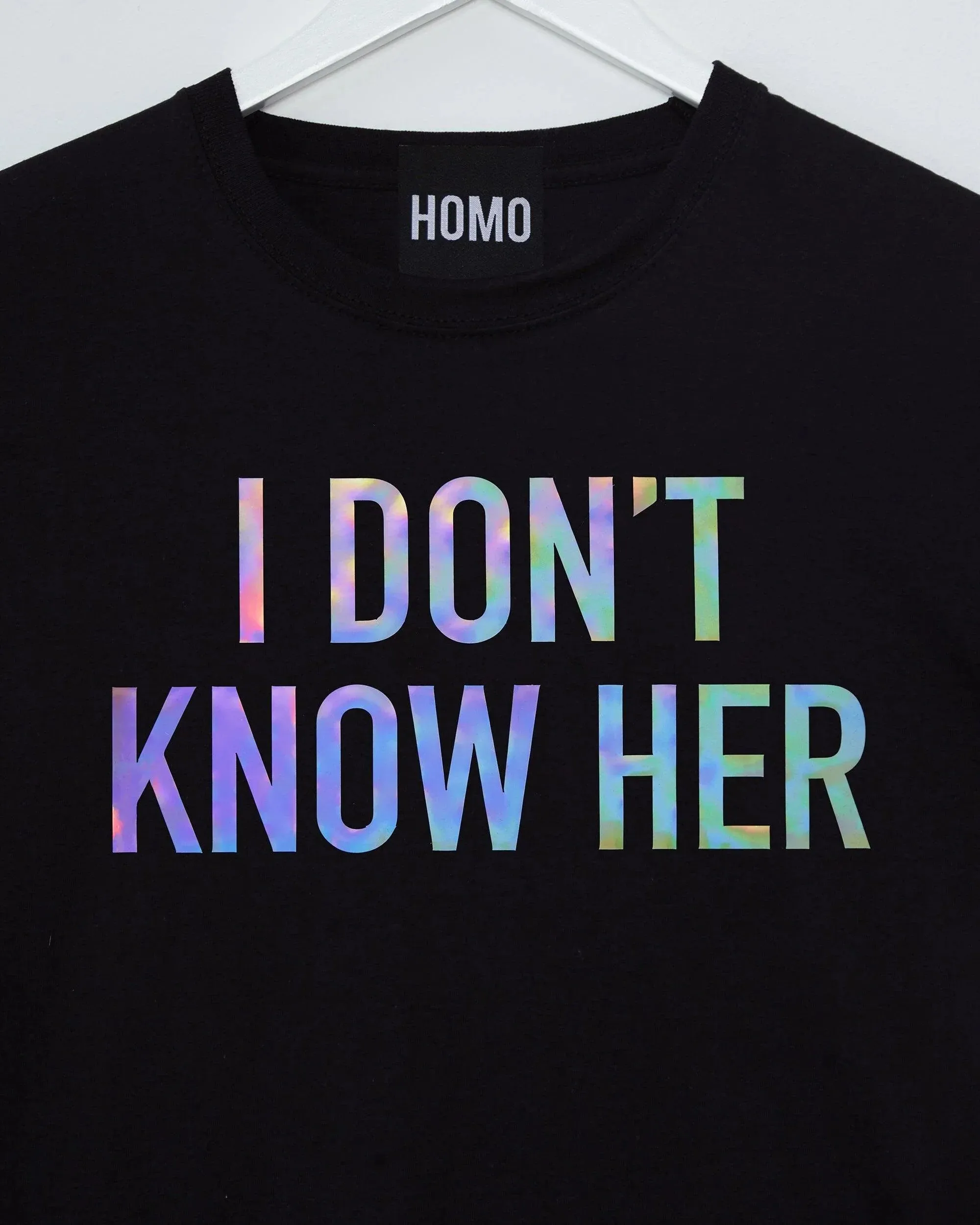 Spark Conversations: I Don't Know Her Tee - Hologram on Black
