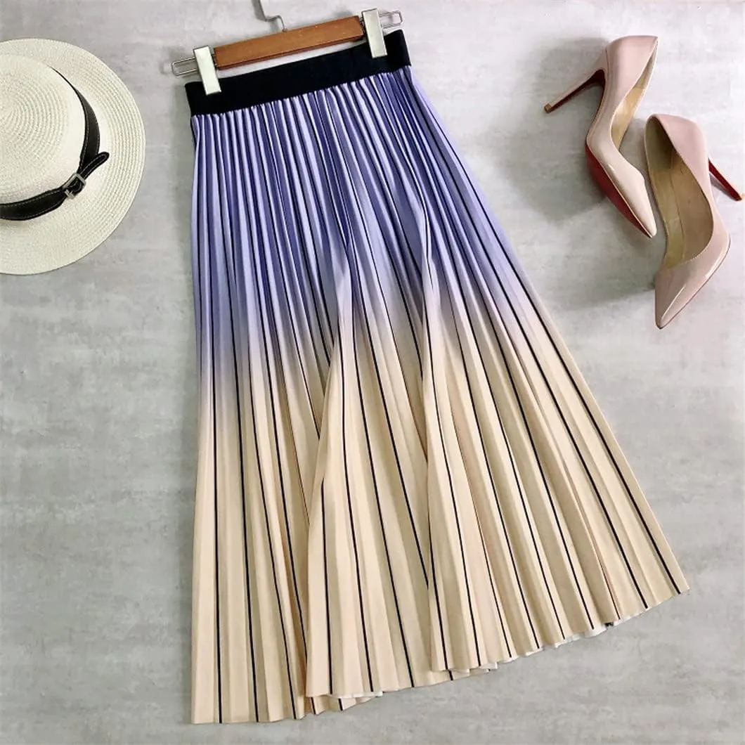 Spring Women Long Midi Skirt Gradient Color Korean Casual Style Pleated Skirts
