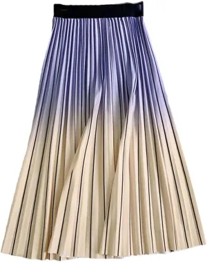 Spring Women Long Midi Skirt Gradient Color Korean Casual Style Pleated Skirts