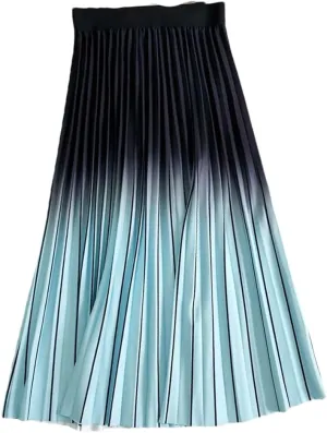 Spring Women Long Midi Skirt Gradient Color Korean Casual Style Pleated Skirts
