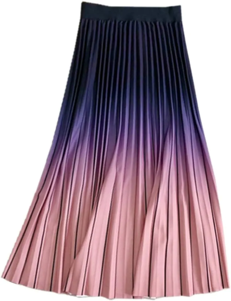 Spring Women Long Midi Skirt Gradient Color Korean Casual Style Pleated Skirts