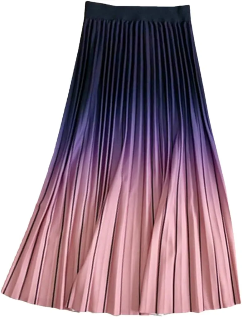 Spring Women Long Midi Skirt Gradient Color Korean Casual Style Pleated Skirts