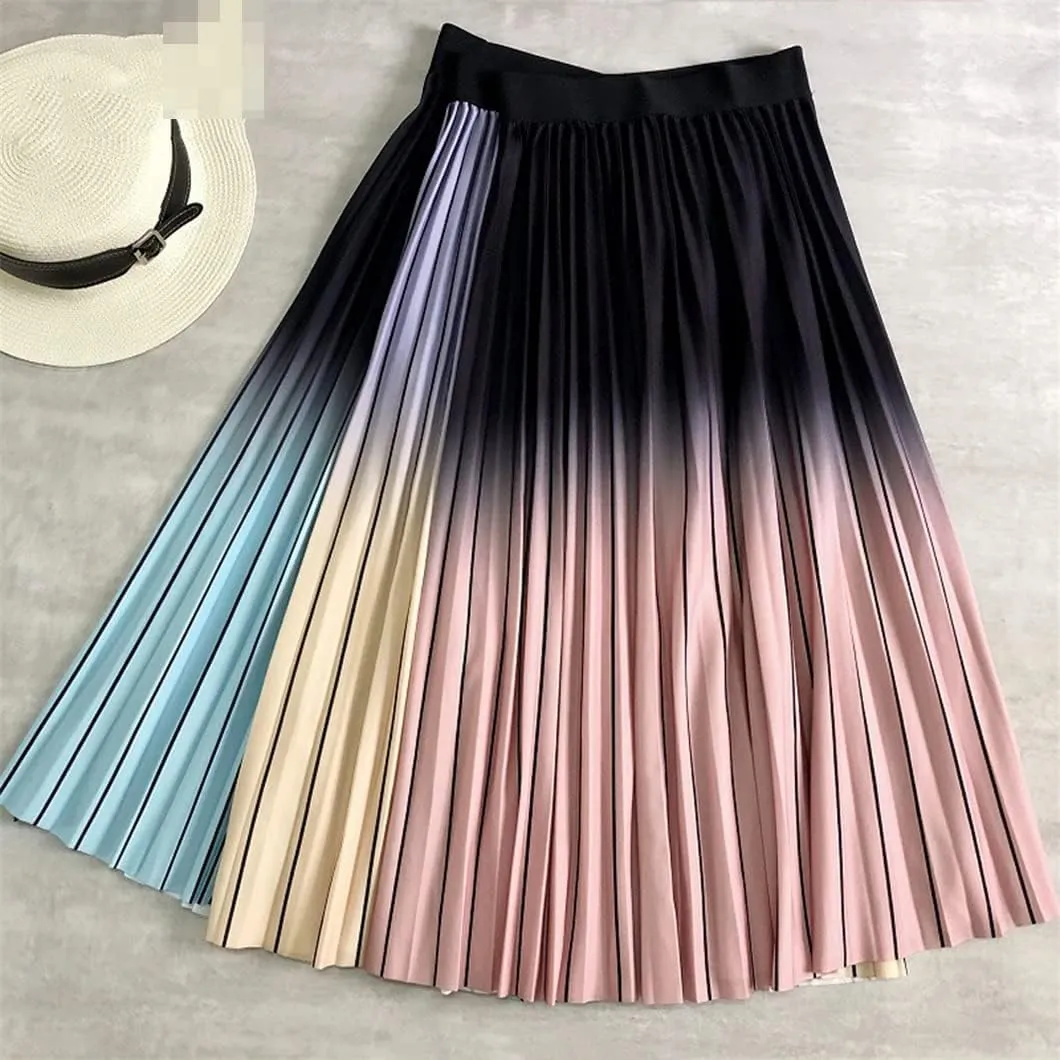 Spring Women Long Midi Skirt Gradient Color Korean Casual Style Pleated Skirts