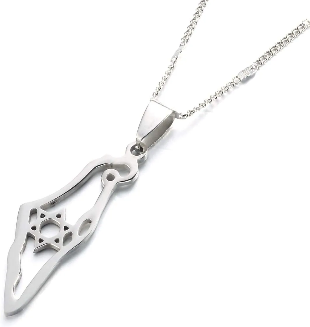 Stainless Steel Israel Map Pendant Necklace Hexagram Magen David Jewelry Star of David Jewish Jewelry