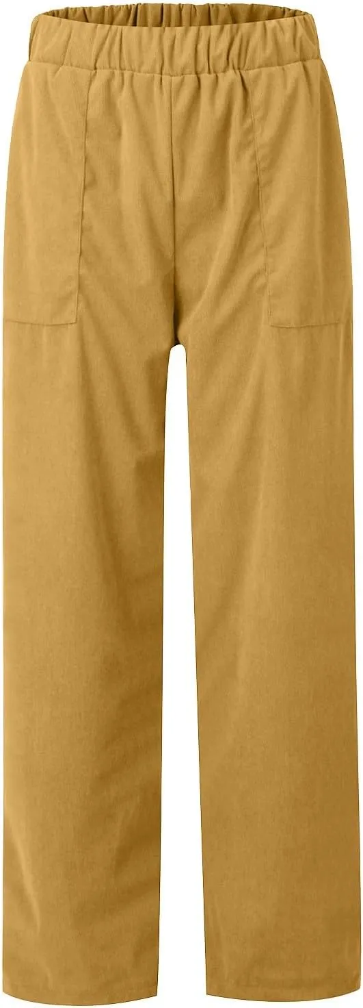 Straight Wide Leg Corduroy Pants Women Business Casual High Waisted Pull On Work Pants Comfy Soft Elastic Waist Pants