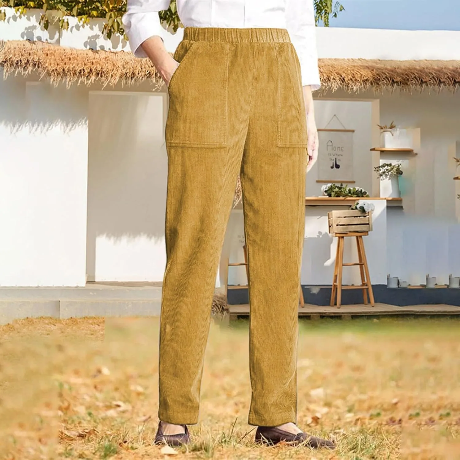 Straight Wide Leg Corduroy Pants Women Business Casual High Waisted Pull On Work Pants Comfy Soft Elastic Waist Pants