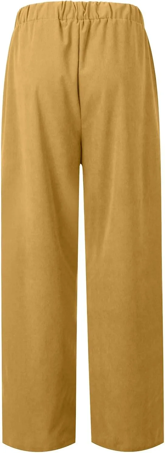 Straight Wide Leg Corduroy Pants Women Business Casual High Waisted Pull On Work Pants Comfy Soft Elastic Waist Pants