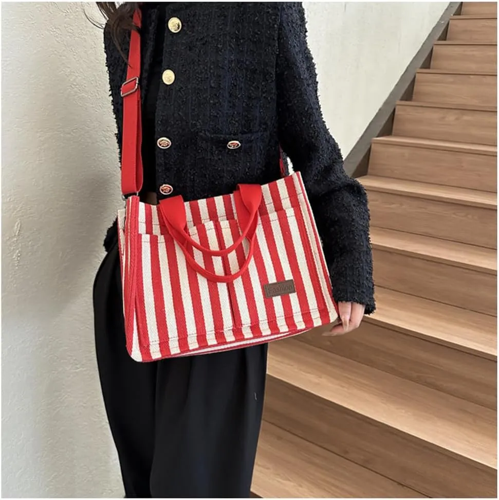 Stripe Canvas Tote Bag for Women Multi-Pockets Satchel Handbag with Top Handle Canvas Hobo Beach Work Tote Bag