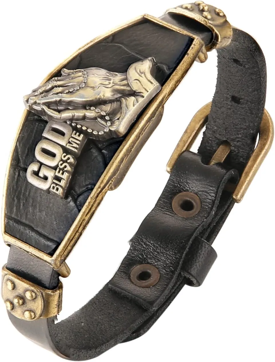 STWTR Punk Alloy Leather Bracelet Men's Fashion Personality Bracelet Wristband Adjustable Black (God Bless Me-)