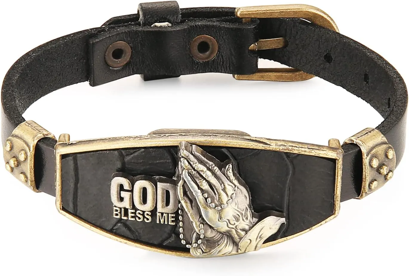 STWTR Punk Alloy Leather Bracelet Men's Fashion Personality Bracelet Wristband Adjustable Black (God Bless Me-)