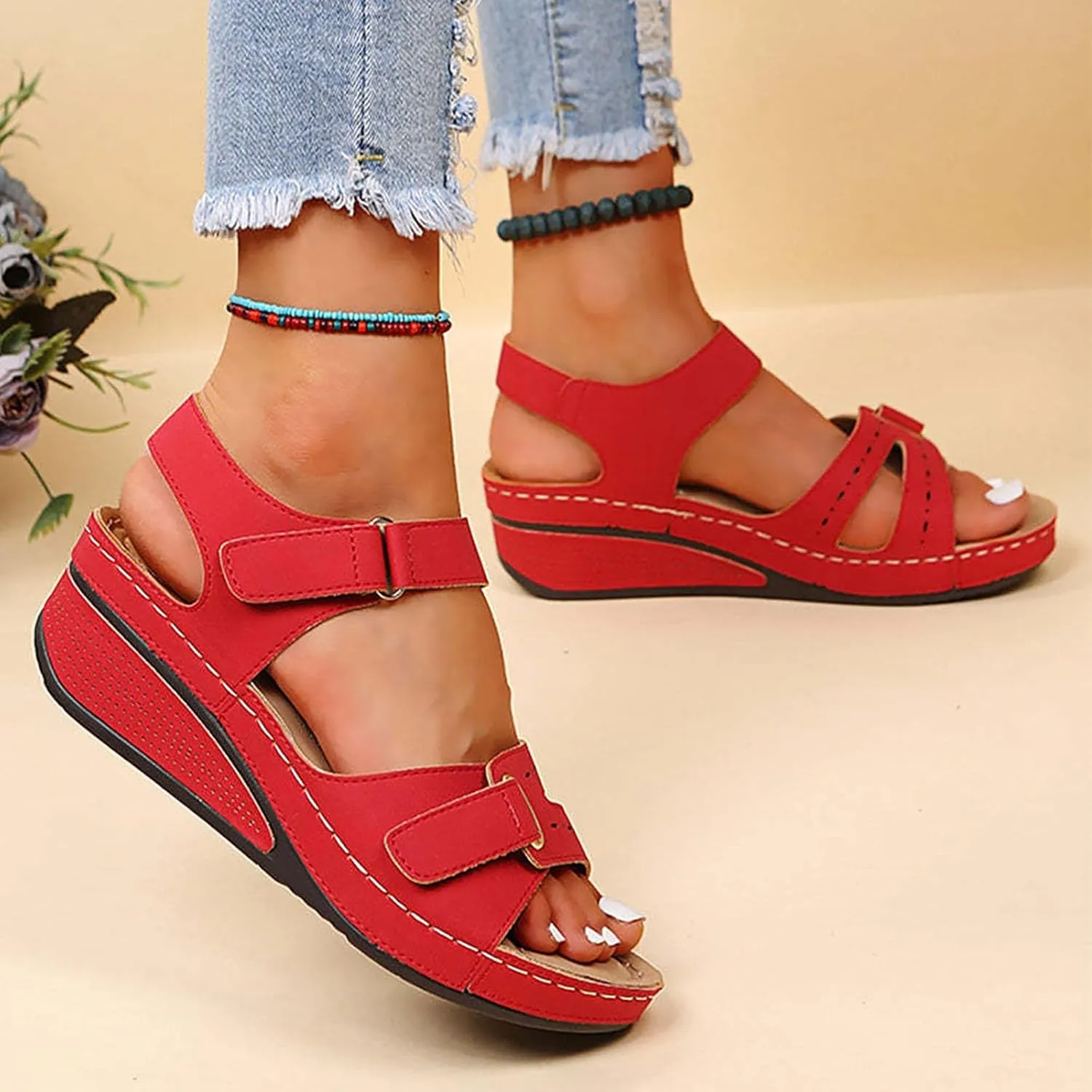 SuanlaTDS Womens Sandals Wedges with Arch Support Adjustable Ankle Strap Open Toe Platform Orthopedic Sandals Summer Wedges Low Heels Comfortable Casual Outdoor Walking Shoes