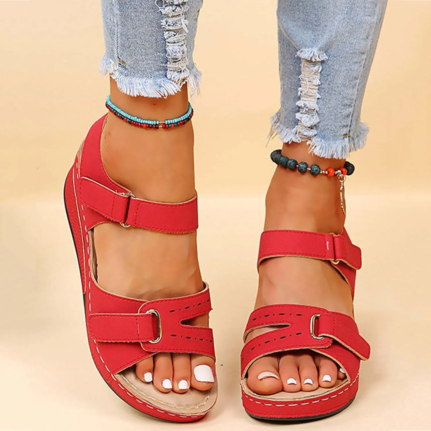SuanlaTDS Womens Sandals Wedges with Arch Support Adjustable Ankle Strap Open Toe Platform Orthopedic Sandals Summer Wedges Low Heels Comfortable Casual Outdoor Walking Shoes