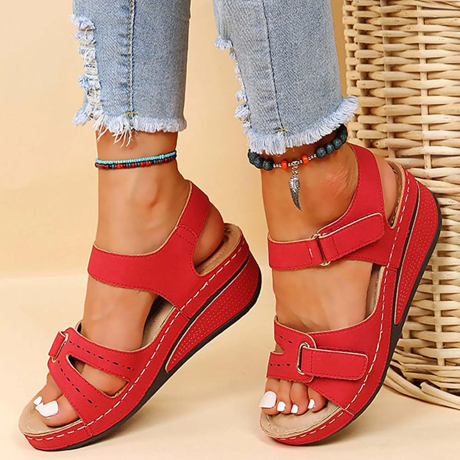 SuanlaTDS Womens Sandals Wedges with Arch Support Adjustable Ankle Strap Open Toe Platform Orthopedic Sandals Summer Wedges Low Heels Comfortable Casual Outdoor Walking Shoes