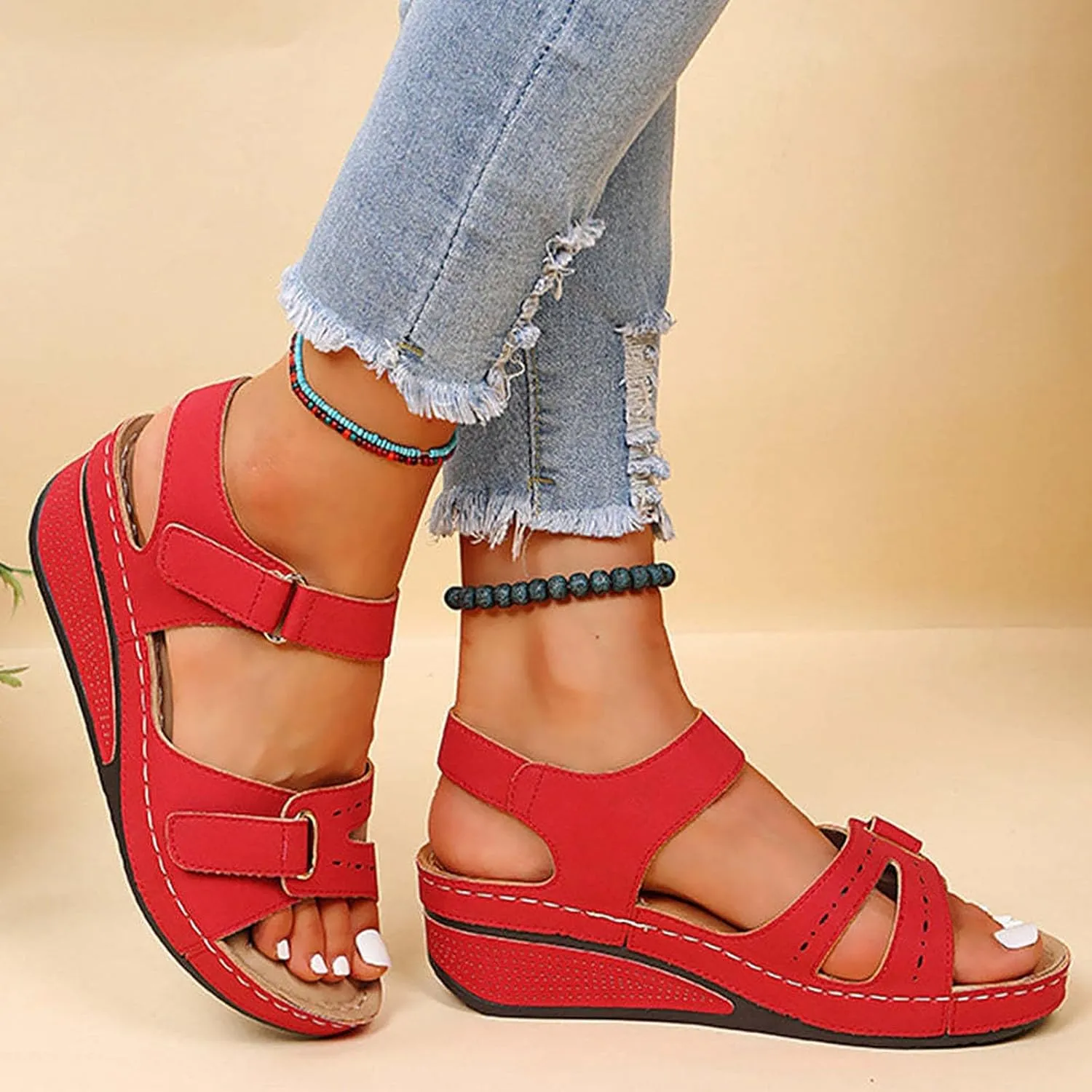 SuanlaTDS Womens Sandals Wedges with Arch Support Adjustable Ankle Strap Open Toe Platform Orthopedic Sandals Summer Wedges Low Heels Comfortable Casual Outdoor Walking Shoes