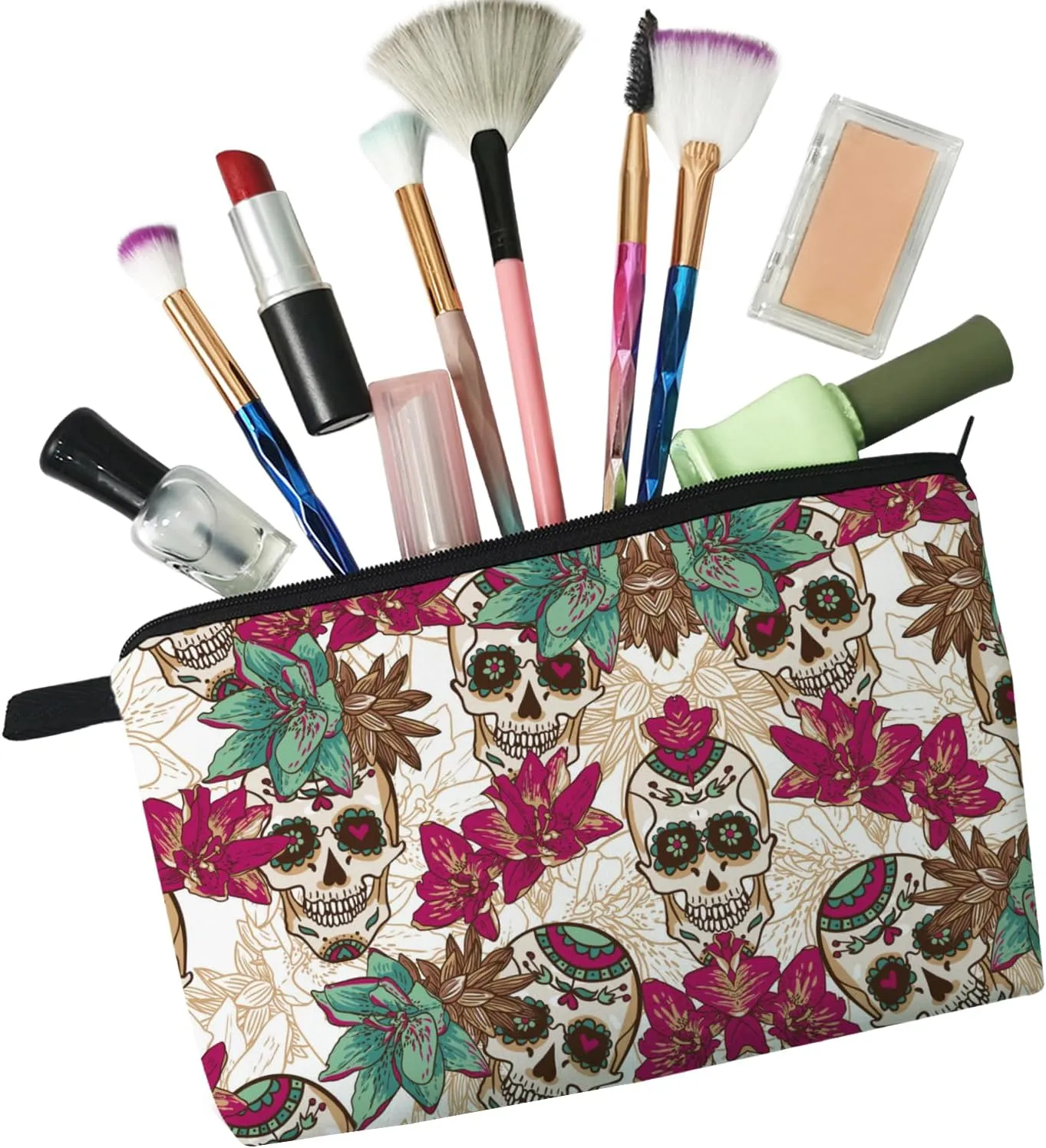 Sugar Skull Floral Cosmetic Bag Cute Makeup Bag Travel Toiletry Zipper Pouch Gifts Sugar Skull Floral Makeup Bag for Girls Women Gothic Lovers