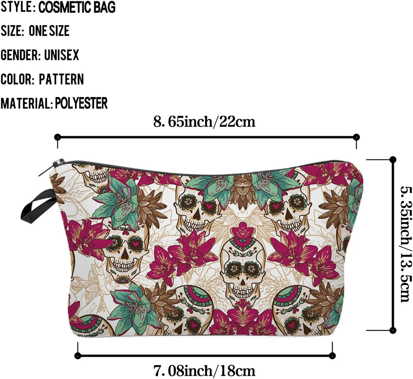 Sugar Skull Floral Cosmetic Bag Cute Makeup Bag Travel Toiletry Zipper Pouch Gifts Sugar Skull Floral Makeup Bag for Girls Women Gothic Lovers