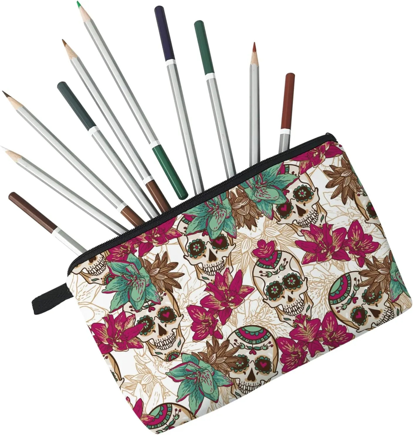 Sugar Skull Floral Cosmetic Bag Cute Makeup Bag Travel Toiletry Zipper Pouch Gifts Sugar Skull Floral Makeup Bag for Girls Women Gothic Lovers