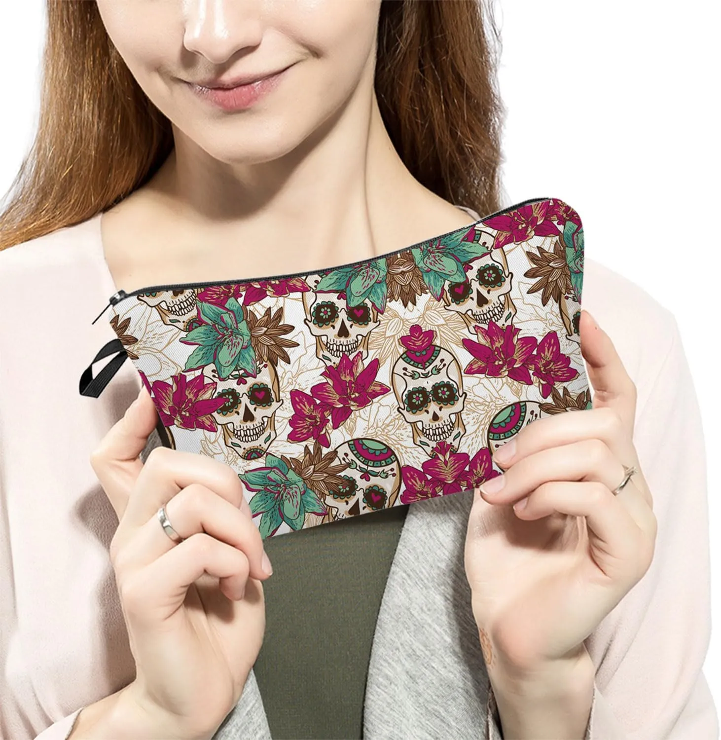 Sugar Skull Floral Cosmetic Bag Cute Makeup Bag Travel Toiletry Zipper Pouch Gifts Sugar Skull Floral Makeup Bag for Girls Women Gothic Lovers