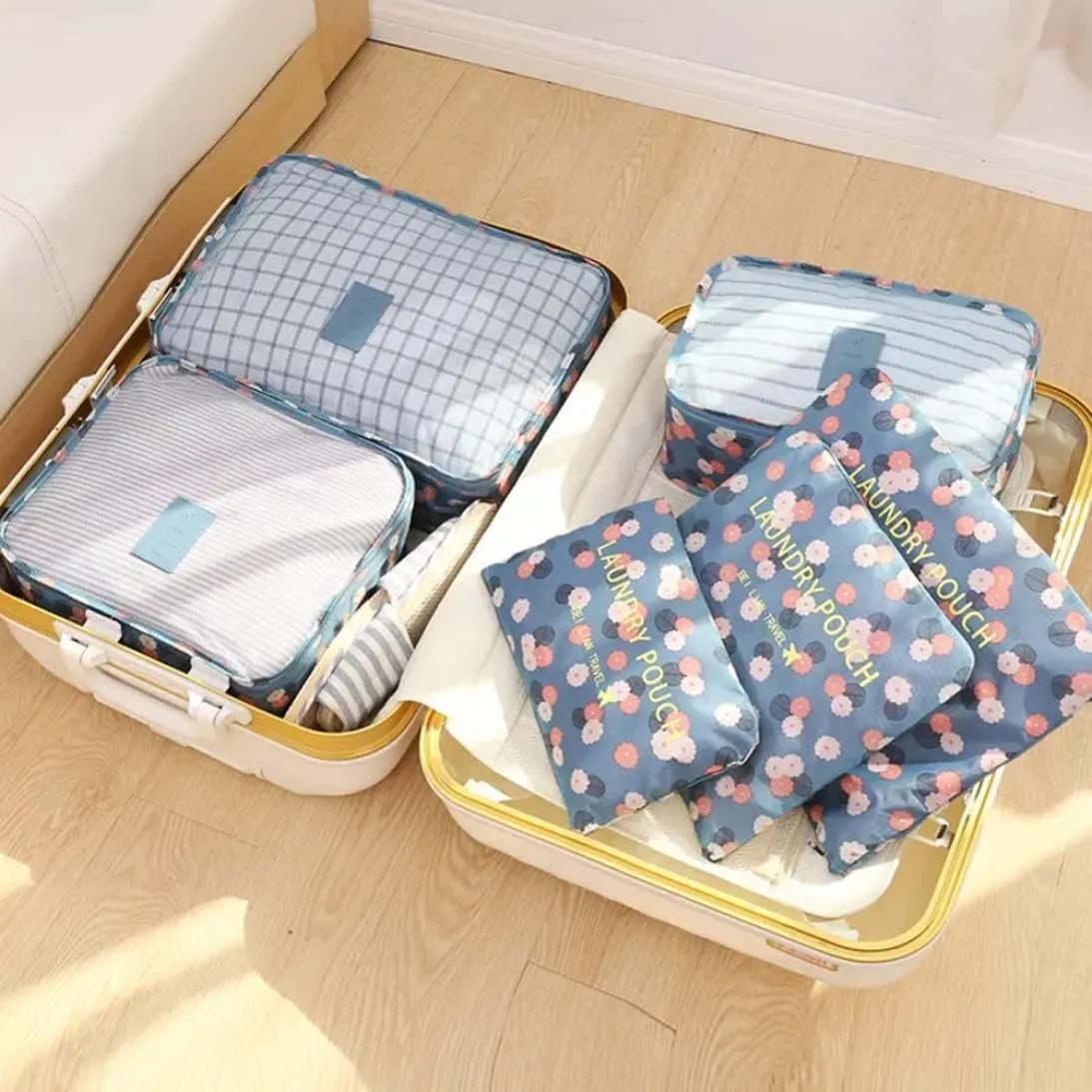 Suitcase Organiser Bags, Packing Cubes for Suitcase Travel Luggage Waterproof Bag Cosmetics Toiletries Bag Blue Flowers 6PCS