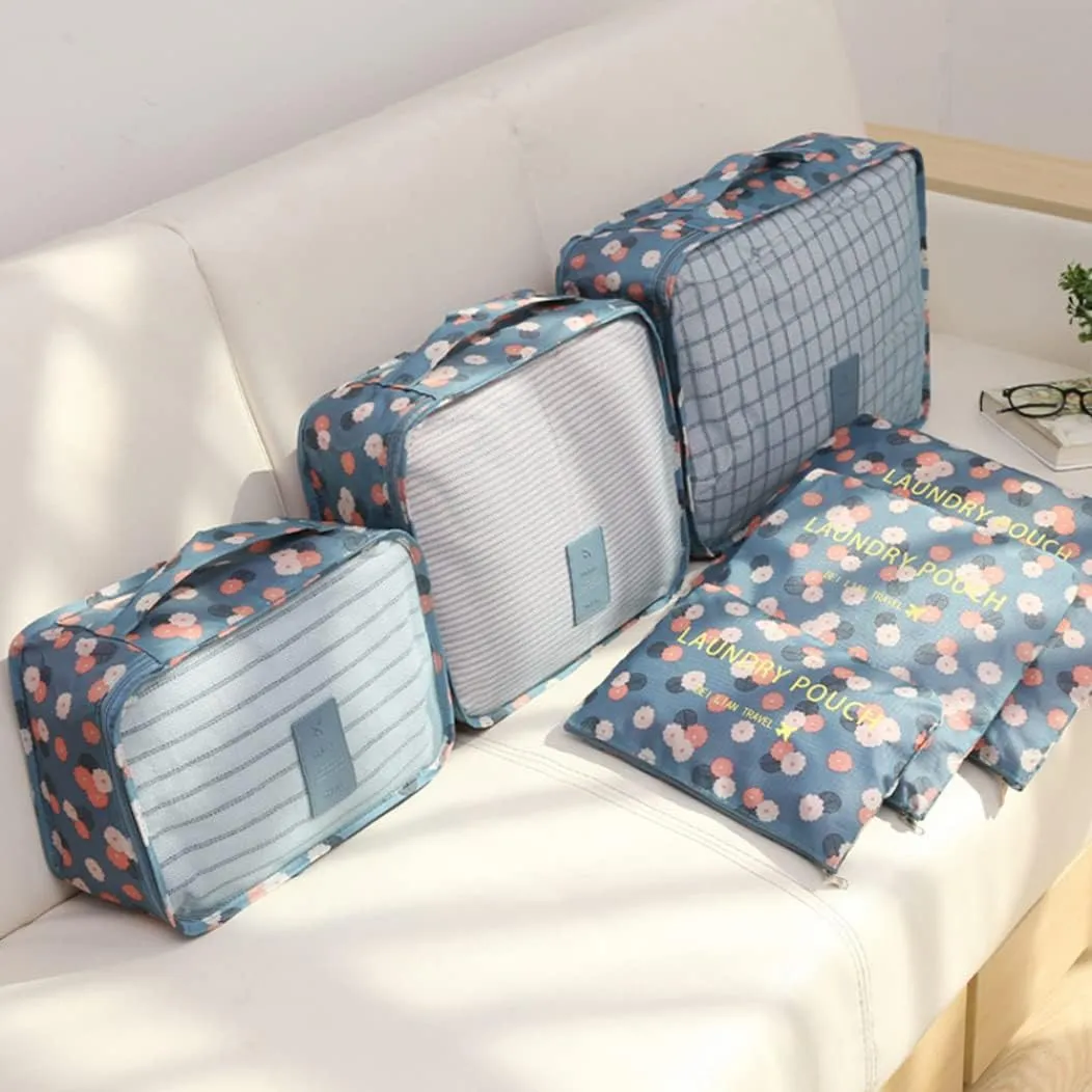 Suitcase Organiser Bags, Packing Cubes for Suitcase Travel Luggage Waterproof Bag Cosmetics Toiletries Bag Blue Flowers 6PCS