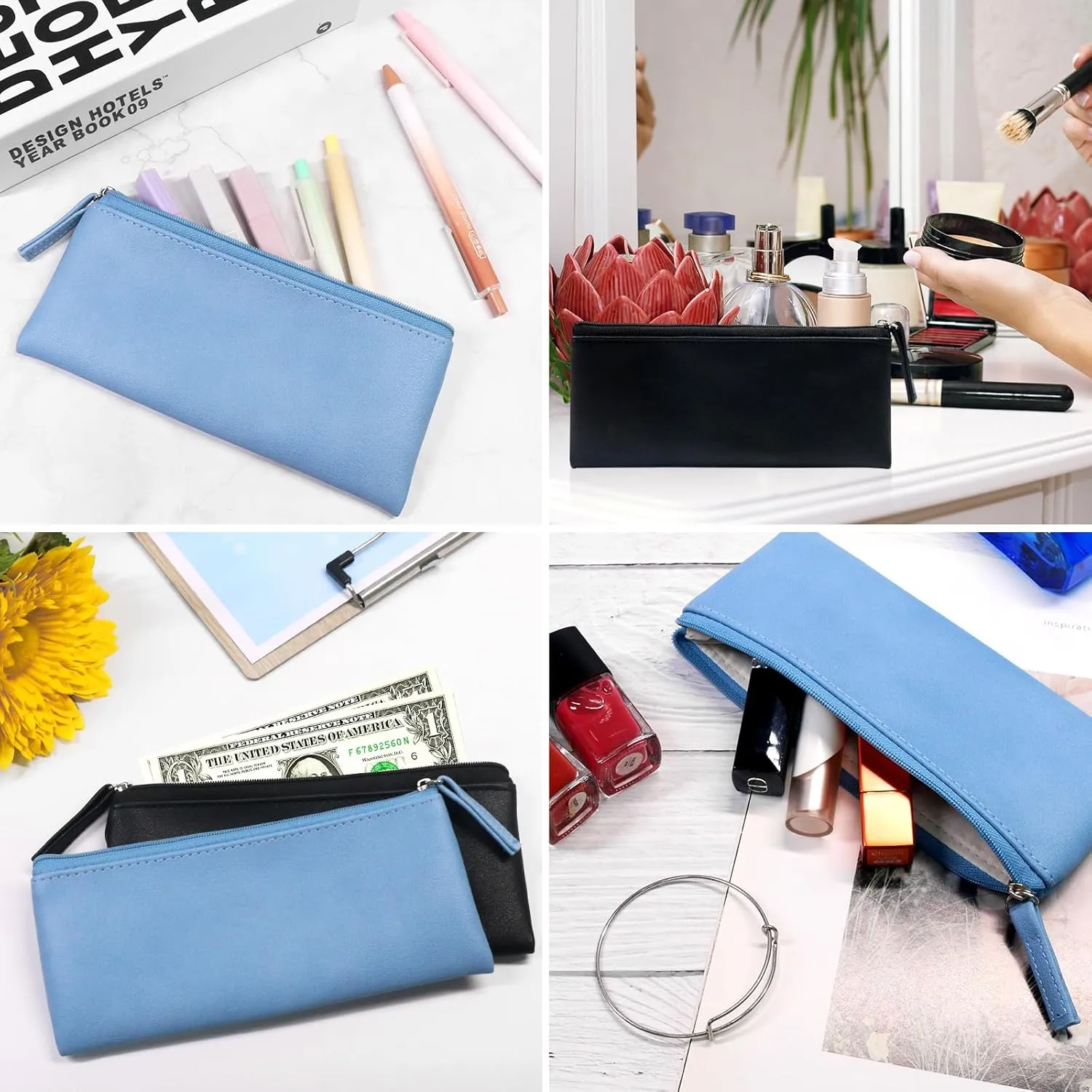 SumDirect PU Leather Cosmetic Pencil Bags - Small Soft Makeup Pouch with Zipper, Pencil Pouch Case Simple Comestic Organizer