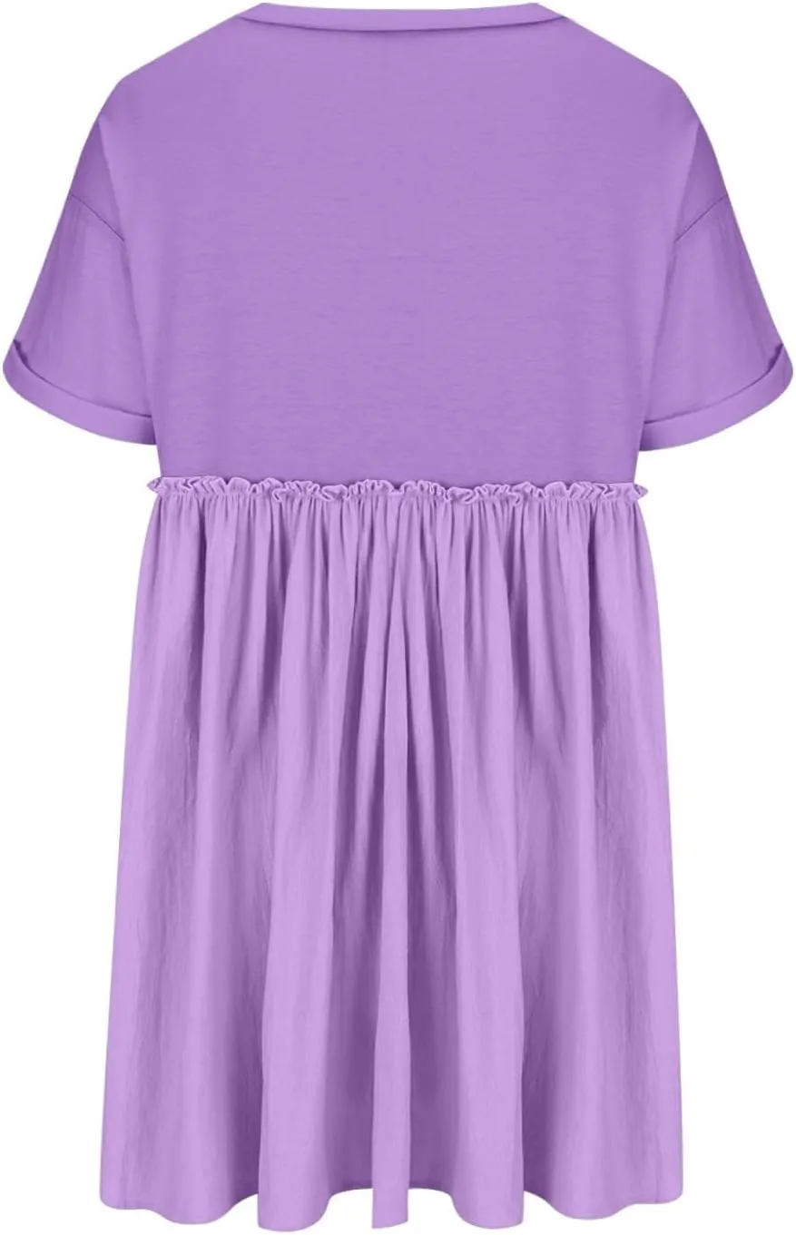 Summer Babydoll Dresses for Women Mini Casual Dress Dressy Short Sleeve Tops Patchwork Ruffle Dress, Small