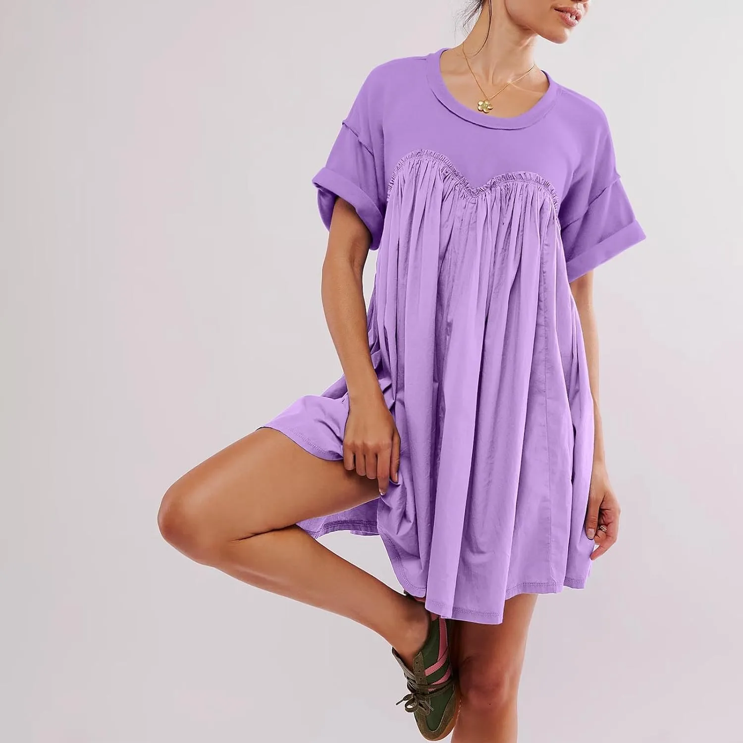 Summer Babydoll Dresses for Women Mini Casual Dress Dressy Short Sleeve Tops Patchwork Ruffle Dress, Small