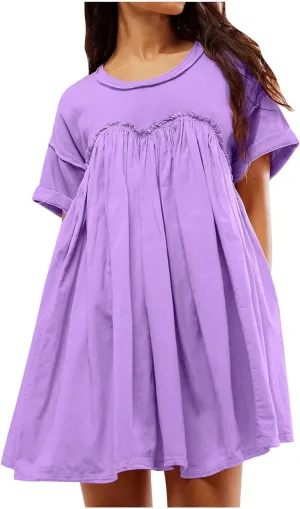 Summer Babydoll Dresses for Women Mini Casual Dress Dressy Short Sleeve Tops Patchwork Ruffle Dress, Small