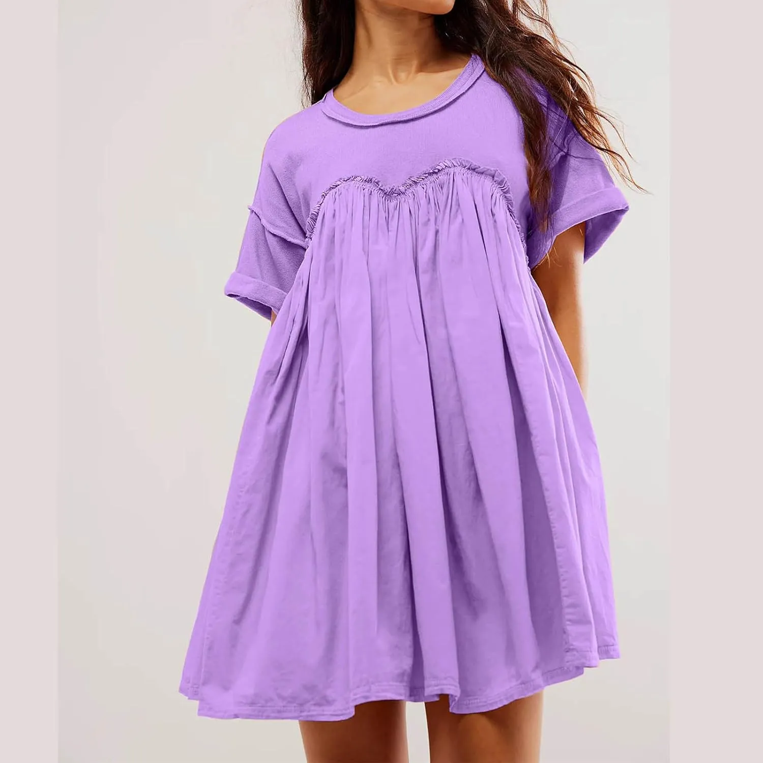 Summer Babydoll Dresses for Women Mini Casual Dress Dressy Short Sleeve Tops Patchwork Ruffle Dress, Small