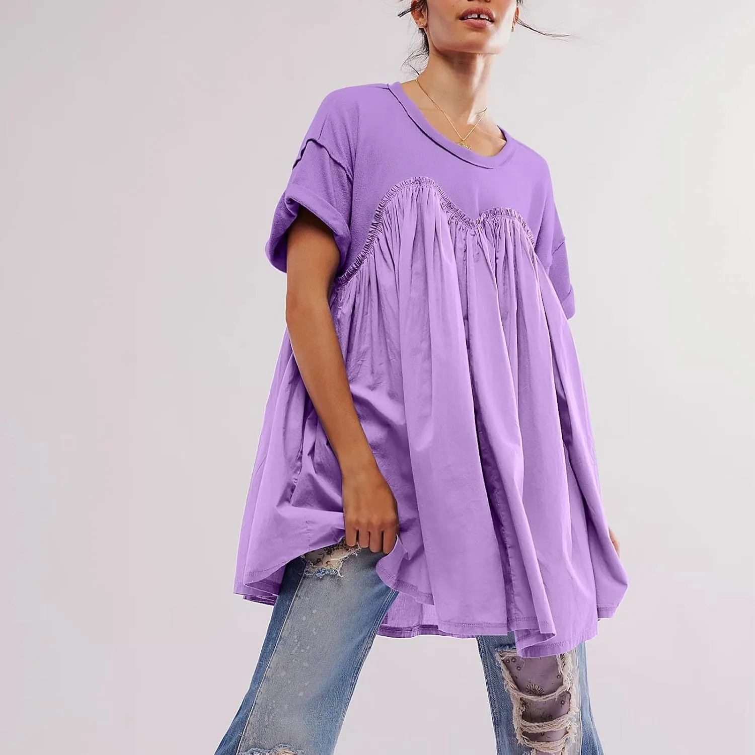 Summer Babydoll Dresses for Women Mini Casual Dress Dressy Short Sleeve Tops Patchwork Ruffle Dress, Small