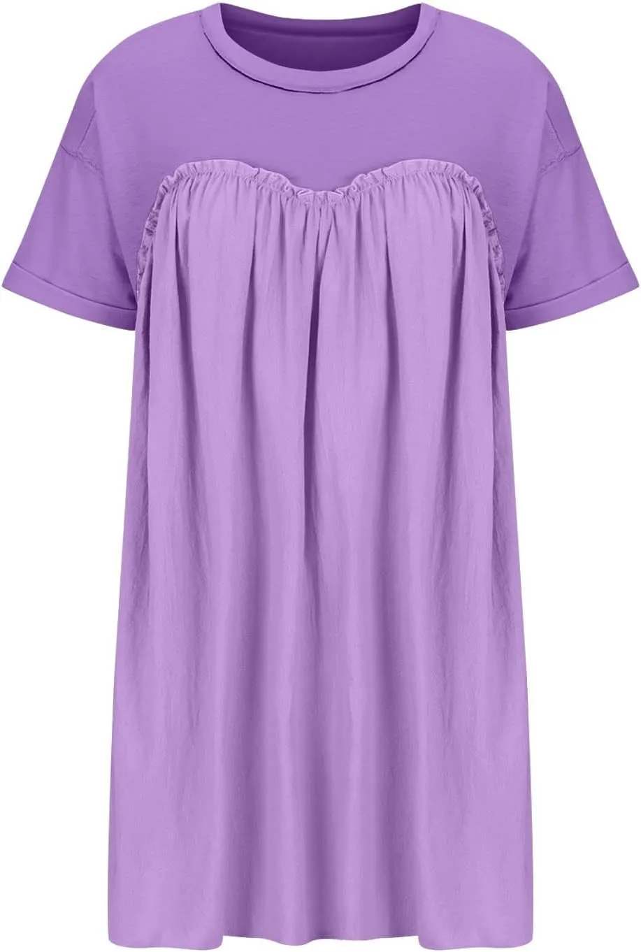 Summer Babydoll Dresses for Women Mini Casual Dress Dressy Short Sleeve Tops Patchwork Ruffle Dress, Small