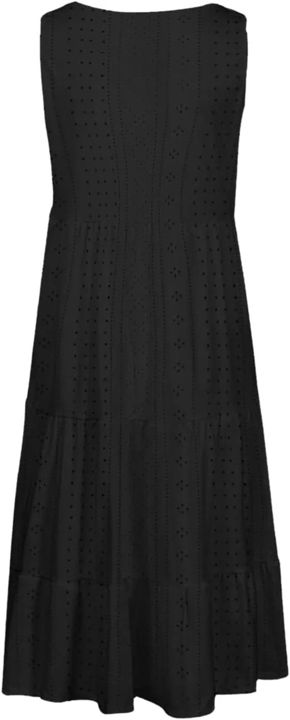Summer Casual Tank Dress Sleeveless Hollow Out T Shirt Dresses Flowy Ruffle Tiered Swing Mini Beach Vacation Sundress