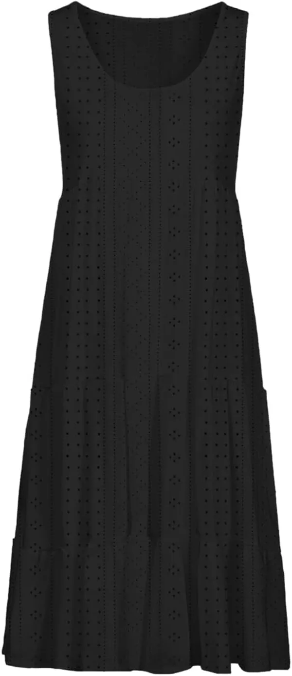 Summer Casual Tank Dress Sleeveless Hollow Out T Shirt Dresses Flowy Ruffle Tiered Swing Mini Beach Vacation Sundress