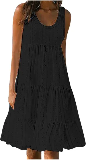 Summer Casual Tank Dress Sleeveless Hollow Out T Shirt Dresses Flowy Ruffle Tiered Swing Mini Beach Vacation Sundress